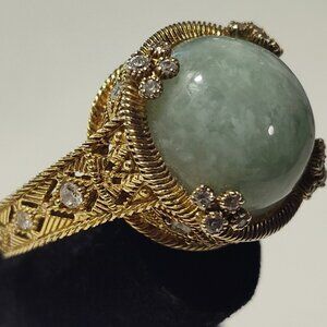 Judith Ripka Jadeite and CZ Dome Gold Tone Ring Size 10
